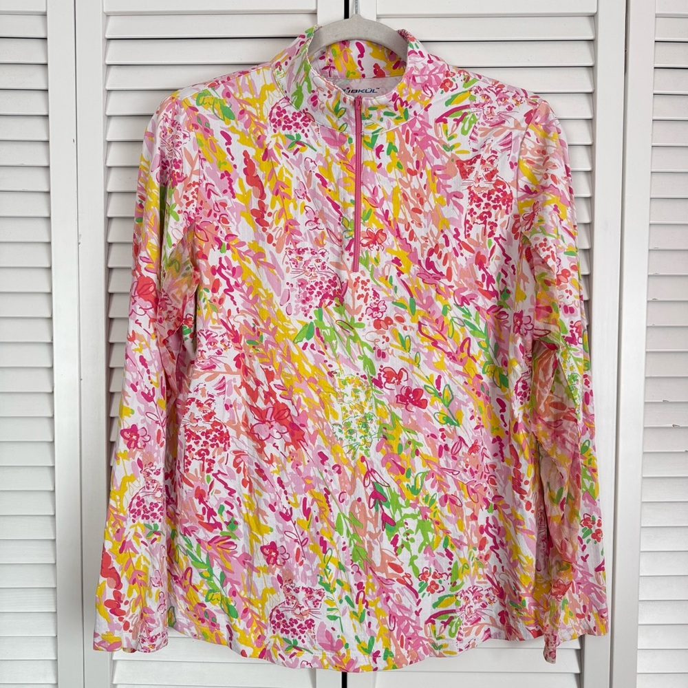 IBKUL Mock Neck Zip Long Sleeve Shirt Cat Cay Pink Golf Tennis Pickleball Large